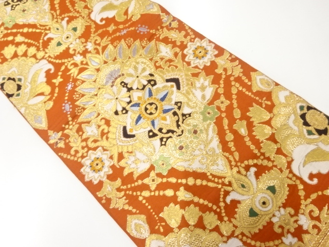 JAPANESE KIMONO / ANTIQUE FUKURO OBI / SILK / WOVEN FLORAL PLANTS